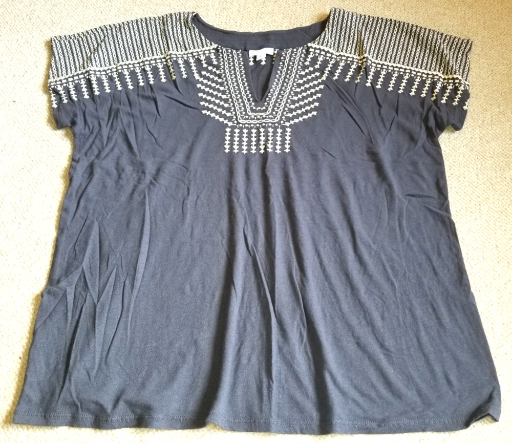 Womens Top-PURE JILL-J. JILL-gray cotton/linen knit embroidered BOHO artsy -L